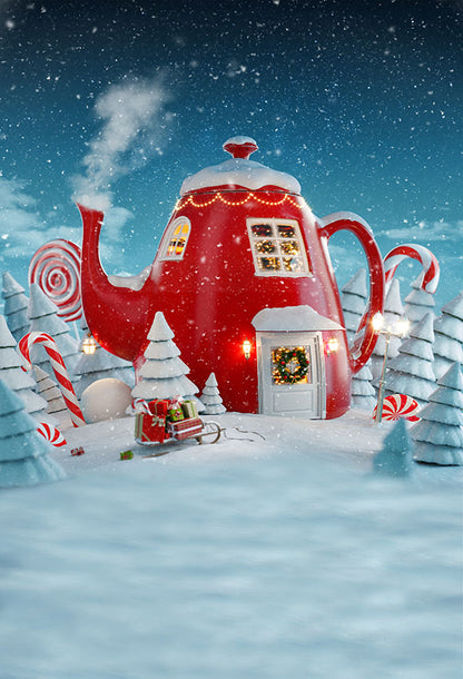 Christmas Night Tea House Snow Photo Shoot Backdrop  LV-983