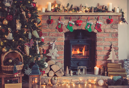 Christmas Tree Fireplace Stockings Backdrop for Photography LV-986