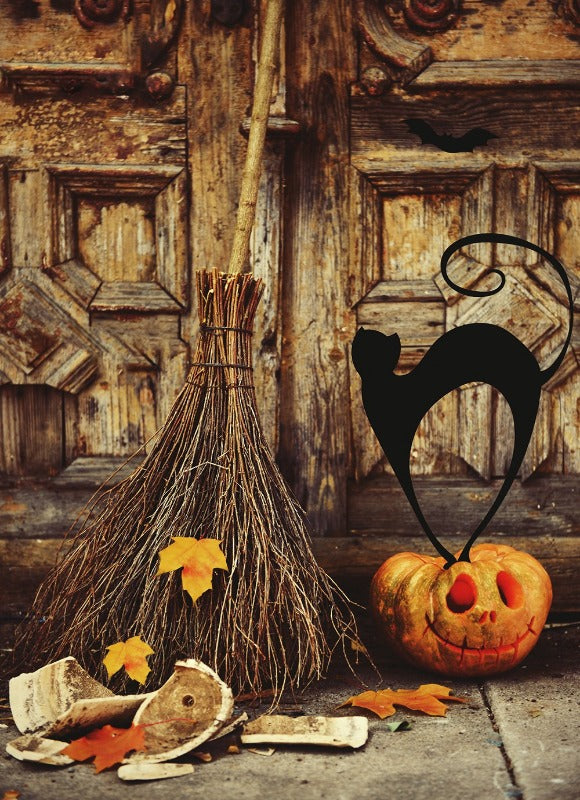 Halloween Broom Pumpkin Old Wood Door for Photography DBD-P19075 ...